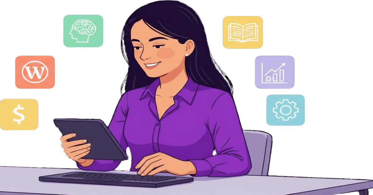Woman working at desk with tablet, surrounded by floating icons representing AI, WordPress, content, growth, automation, and monetization services