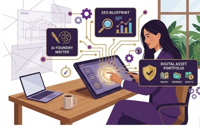 Illustration of a professional female Digital Systems Architect managing a holographic command center with integrated modules for AI Foundry Writer, SEO Blueprint, and Digital Asset Portfolio.