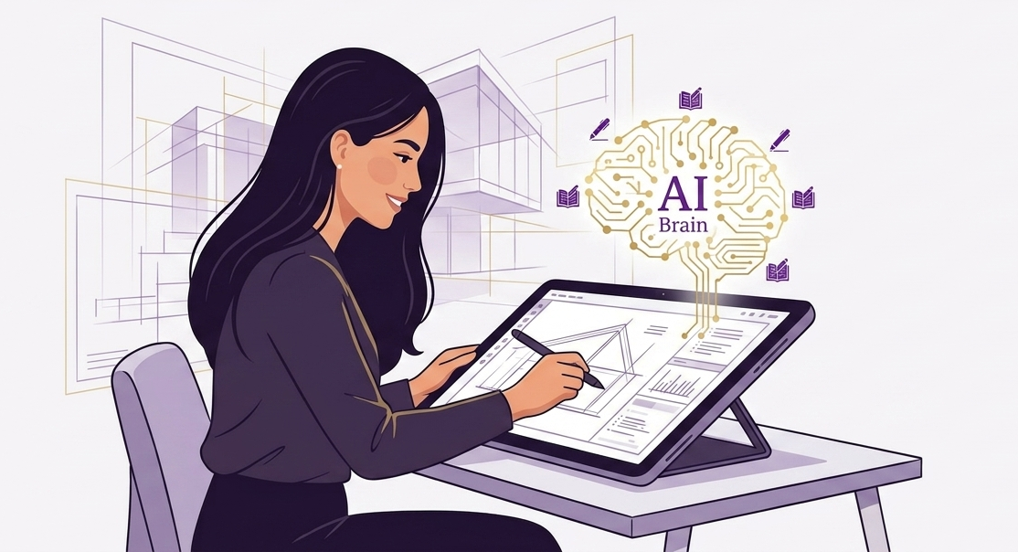 Illustration of a professional female AI Systems Architect designing digital assets on a tablet, featuring a glowing AI Brain and architectural blueprints in purple and gold.