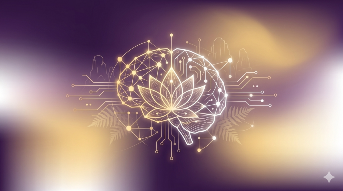 A professional abstract background featuring a glowing golden human brain silhouette with a lotus flower and circuit board patterns, set against a soft purple, white, and gold gradient with subtle limestone karst and fern leaf outlines